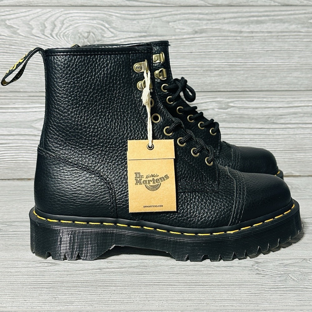 Dr. Martens Black Leather Combat Boots with Yellow Stitching